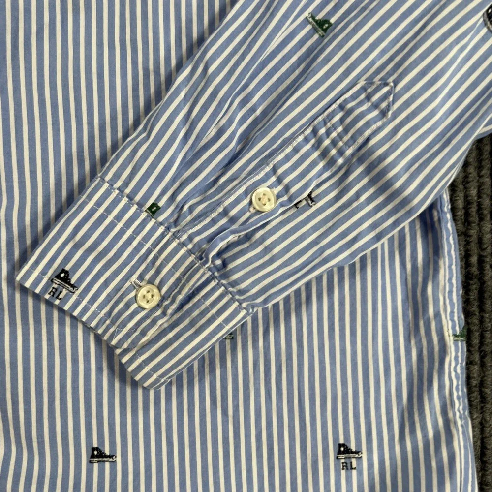 Ralph Lauren Shirt Boys Large 14-16 Blue White Striped Button Down Flag Preppy